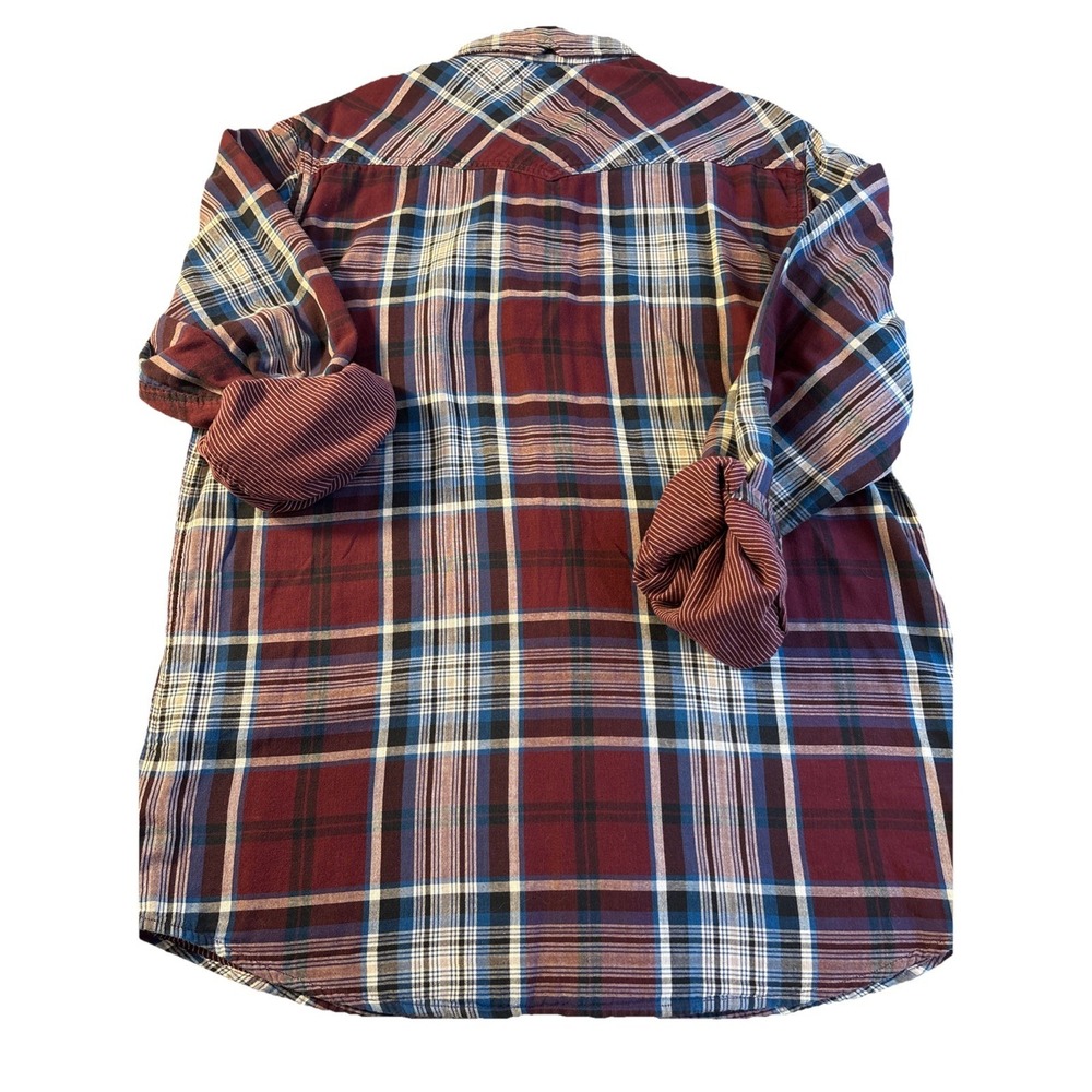 Vintage GUESS Western Plaid Maroon‎ Pearl Snap Rancher Ticking Lined Men's XL - Picture 7 of 7